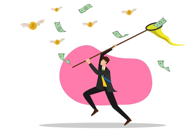 The businessman tries to catch the winged money and coins with the butterfly net Entrepreneur Man Happy Using Business Opportunity Scooping Dollar Banknotes Flat style vector illustration