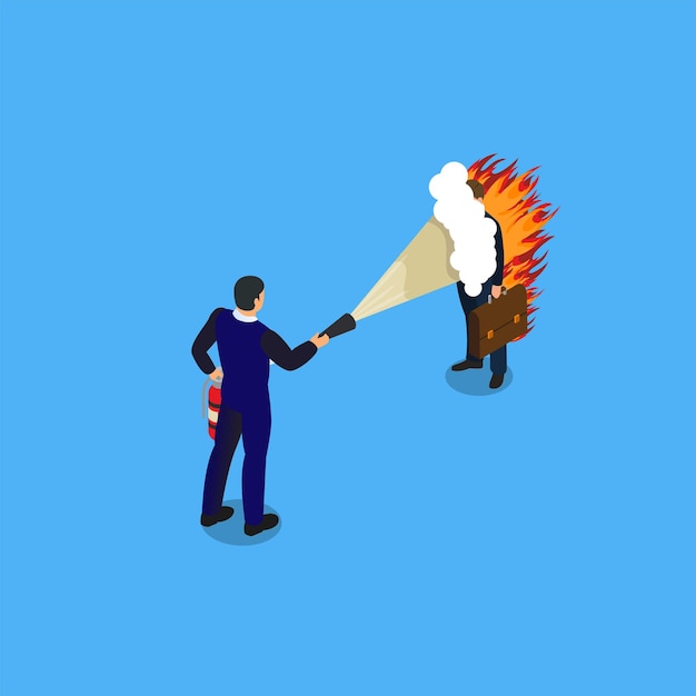 Businessman trying to extinguish his colleague who is on fire isometric 3d