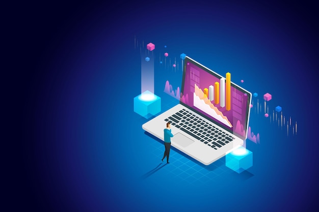 Businessman two using computer to analyze data the statistical analysis and diagram