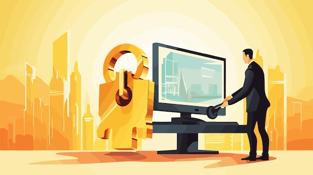 Vector businessman unlocking giant computer illustration