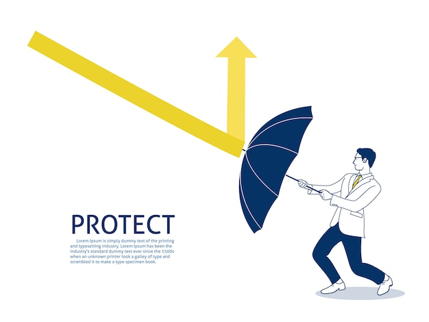 businessman use umbrella to protecting arrow down.