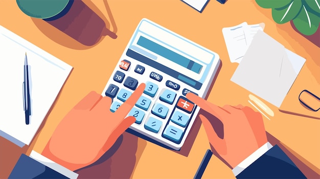 Vector businessman using calculator on office desk for accounting