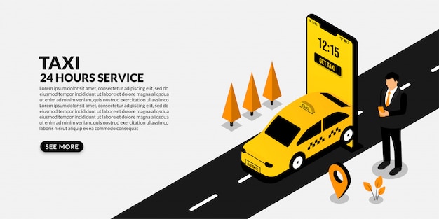 Businessman using mobile booking taxi, isometric online taxi service concept