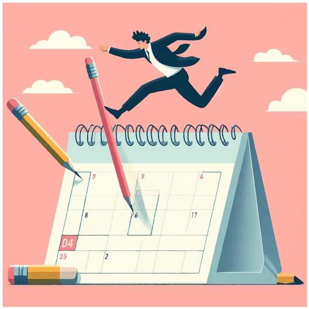 Vector businessman using pencil jumping calendar