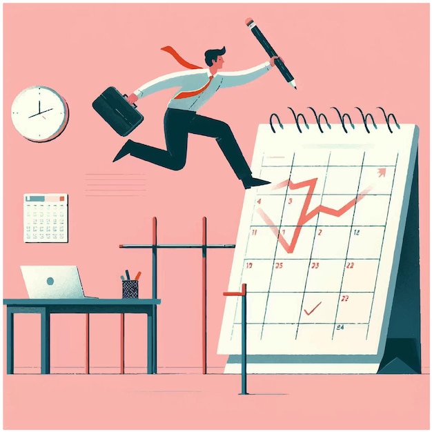 Vector businessman using pencil jumpings calendar