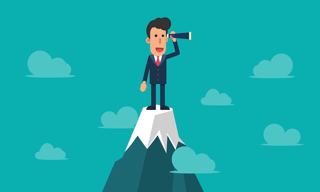 Businessman using telescope standing on top of mountain 