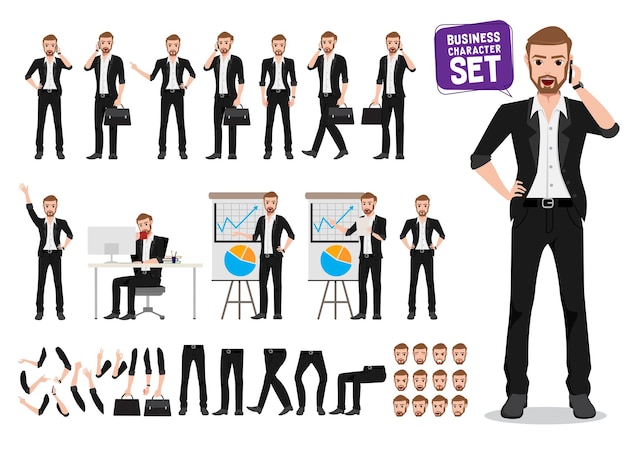 Businessman vector character set Male business person cartoon character creation with poses