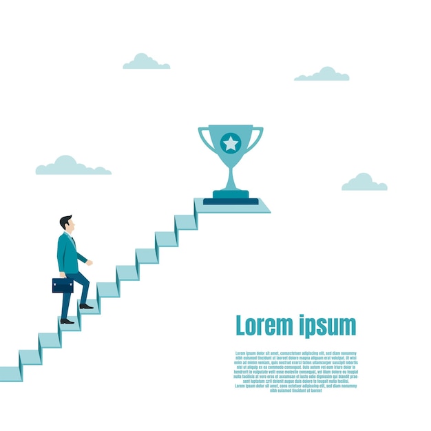 Businessman walk up to the trophy on the ladder of success. Award for achievement, victory, goal, champion achievement. Business success goal. Growth in career. Vector illustration flat