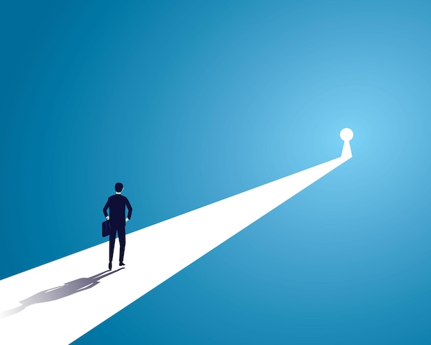 Businessman walking forward to keyhole with bright light Illustration of business opportunity or solution concept