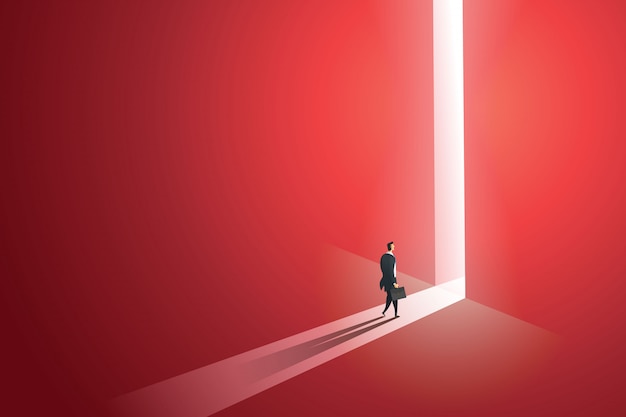 Businessman walking go to front of bright big shining door in the wall red of the hole at light falls. illustration