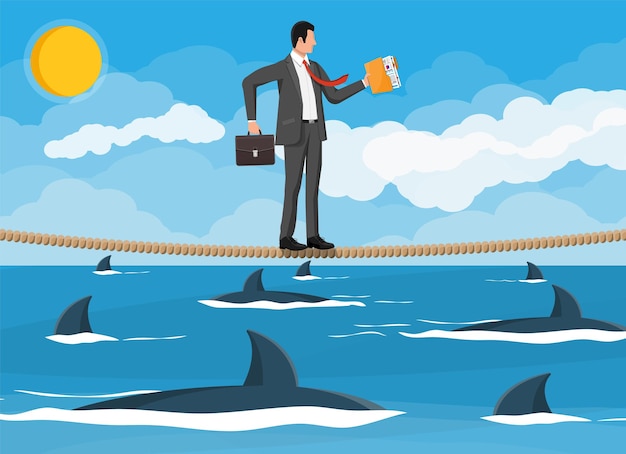 Businessman walking a tightrope over shark in water. Businessman in suit walking on rope with briefcase. Obstacle on road, financial crisis. Risk management challenge. Flat vector illustration