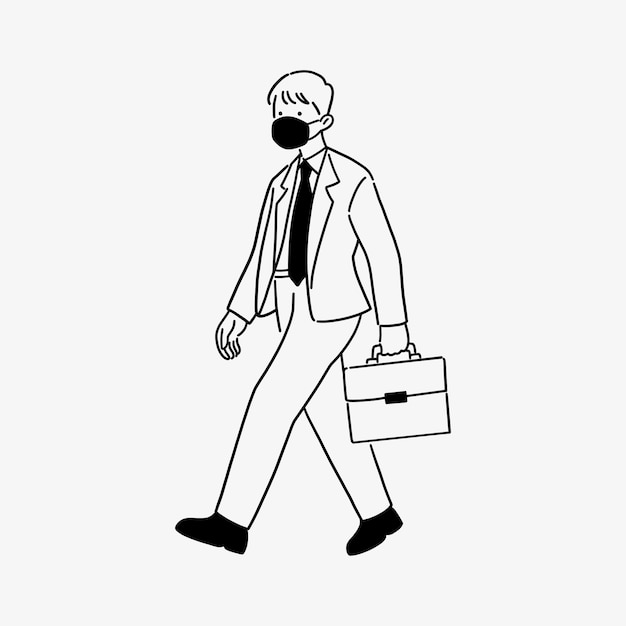 Businessman walking with face mask, new normal lifestyle concept, hand-drawn line art style .