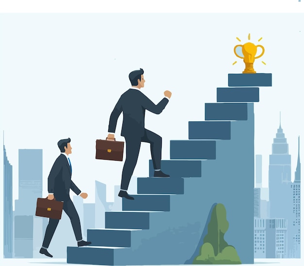 Vector businessman walks up stairs to reach his goal in flat vector illustration