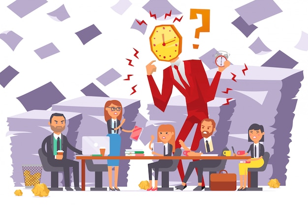 Businessman watchhead, company meeting, team dissatisfied with woman work  illustration. Time running out, deadline close