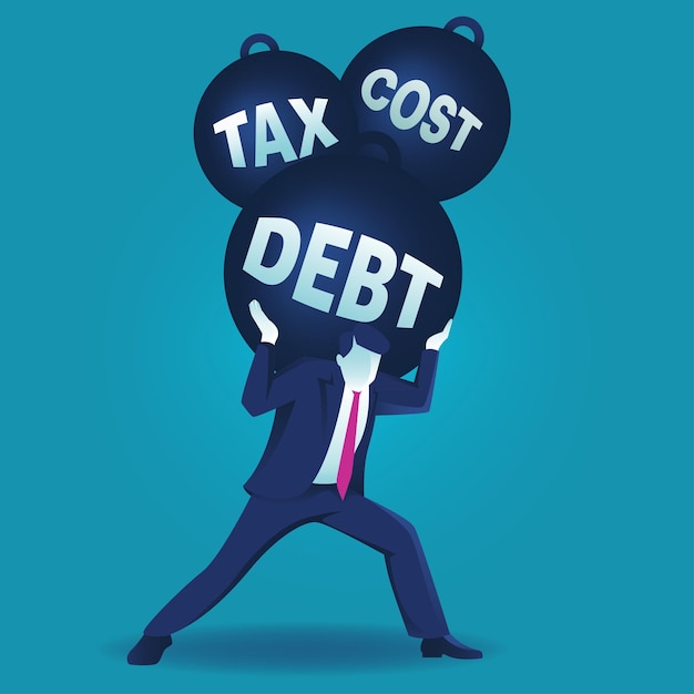 Businessman who is carrying a heavy burden of debt tax and cost vector illustration