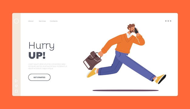 Businessman with Bag and Phone Hurry Up Landing Page Template Business Character Late in Office Businessman Hurry