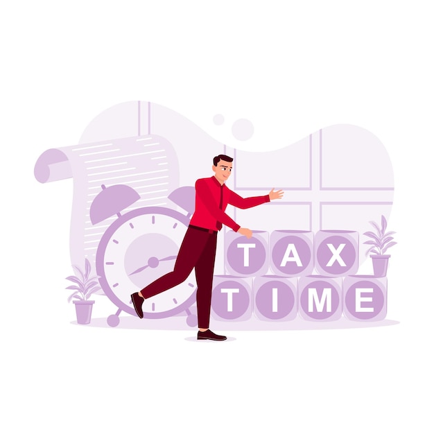 Businessman with block saying tax time against clock and forms background