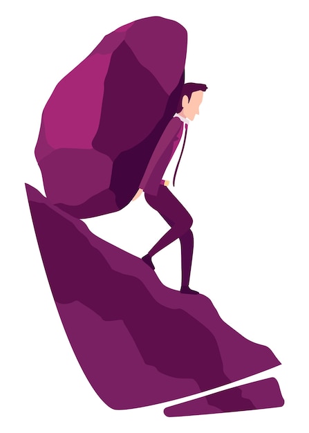 Businessman with boulder vector illustration Unhappy person push rock or boulder suffer with overwork and responsibility Crisis problem of business people burden challenge conquering concept