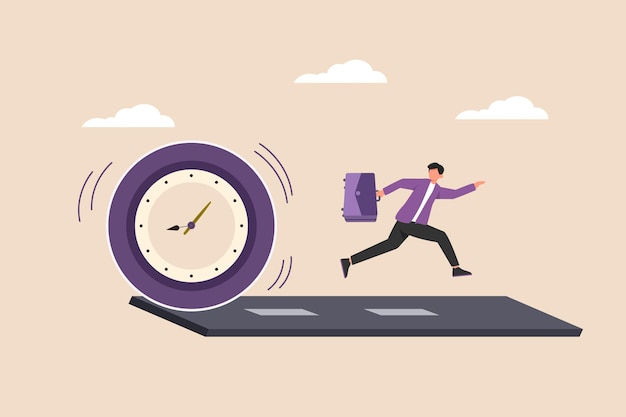 Businessman with briefcase running Late businessperson rushing in a hurry to get on time Late concept Colored flat Vector Illustration