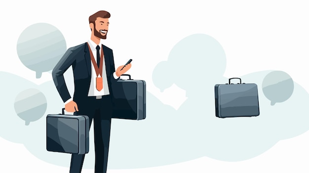 Vector businessman with briefcase and speech bubbles flat vector illustration