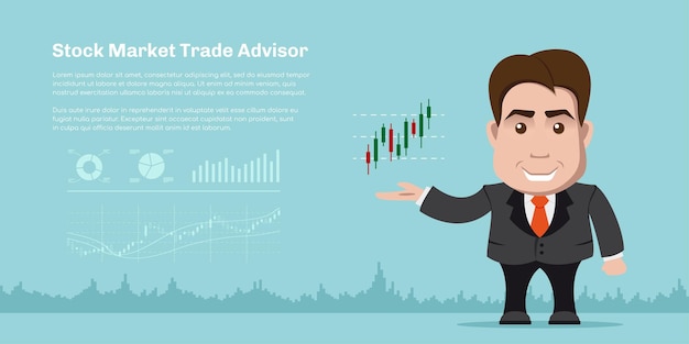 Vector businessman with candlestick graph on hand and graphs