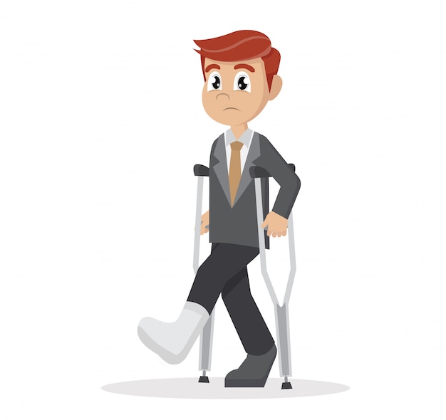 Businessman with crutches and a plaster on his leg.