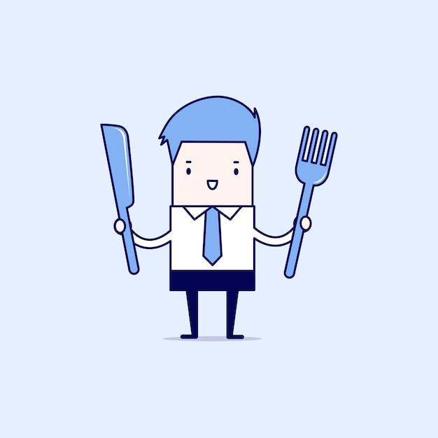 Businessman with fork and knife. Cartoon character thin line style vector.