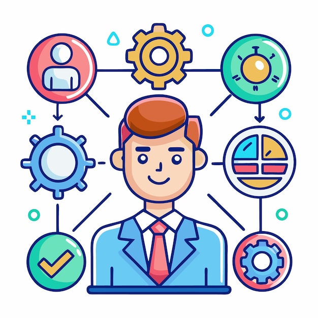 Businessman with gears checkmark and chart icons