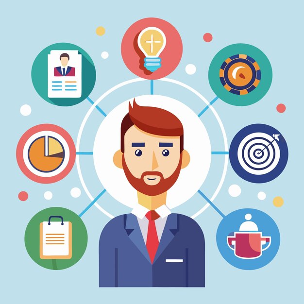 Vector businessman with icons representing professional goals and skills