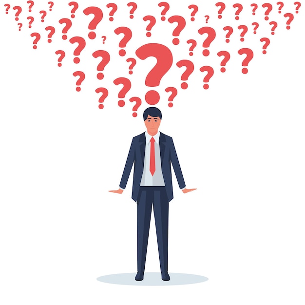 Vector businessman with lots of question marks over your head. human in front of whom the big problems and solution issues. vector illustration flat design. isolated on white background.