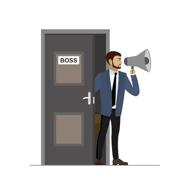 Businessman with loudspeaker in hand cartoon office boss with megaphone stands in the doorway vector