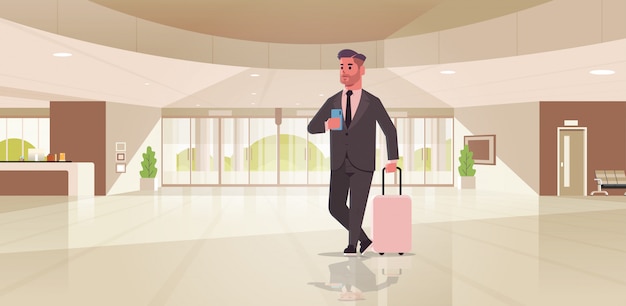 businessman with luggage modern reception area business man holding suitcase guy standing in lobby contemporary hotel hall interior 