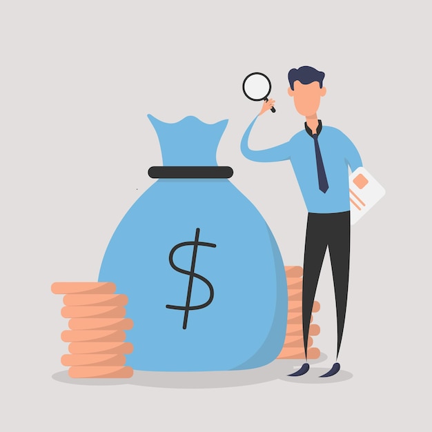 Businessman with magnifying glass inspecting money bag and stack of coins.