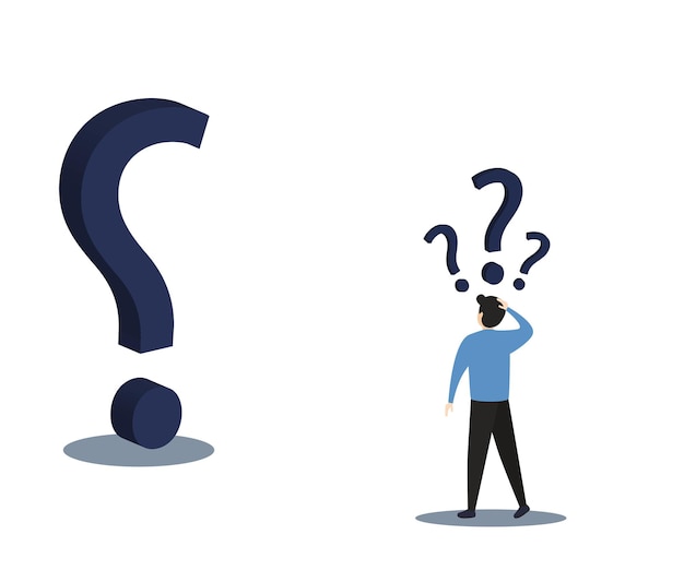 Businessman with question mark sign.Man confused thinking with sign illustration. Answer to question metaphor. Character, vector, illustration.