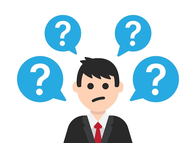 Businessman with question mark symbol. Man thinking and confused avatar flat design.