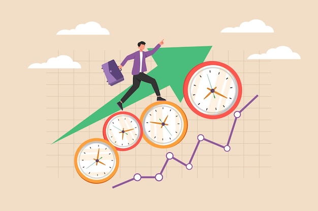 Businessman with suitcase walking using several clocks and going up following arrow and graph Schedule and planning concept Flat vector illustrations isolated