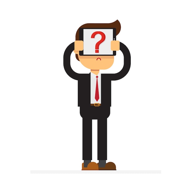 Vector businessman with tablet and question mark on screen