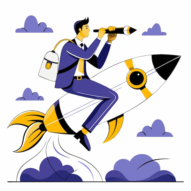 Vector businessman with telescope soars through space on a floating rock flat vector illustration