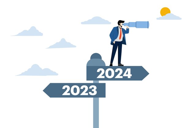 Vector businessman with telescope standing and looking into the distance at direction sign 2023 2024