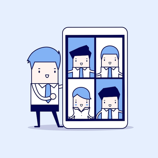 Businessman with video conference on tablet Online virtual meetings Cartoon character.