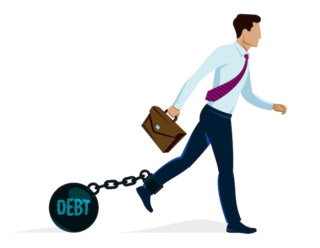 Businessman with weight metal ball on shackles symbolizes debt or problems vector illustration isolated on white, handsome man trying to walk forward but troubles stop him.