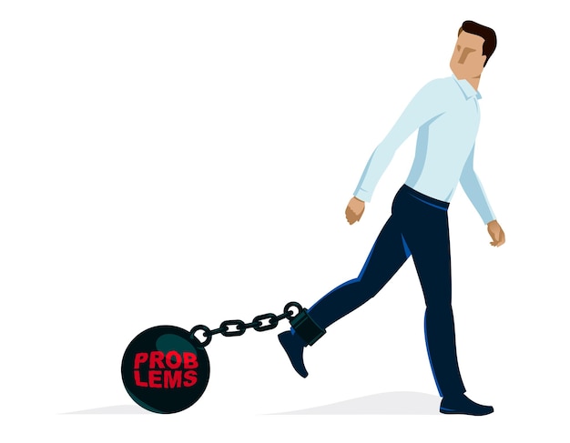 Businessman with weight metal ball on shackles symbolizes debt or problems vector illustration isolated on white, handsome man trying to walk forward but troubles stop him.