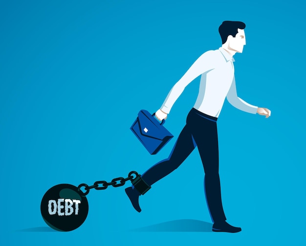 Businessman with weight metal ball on shackles symbolizes debt or problems vector illustration isolated on white, handsome man trying to walk forward but troubles stop him.