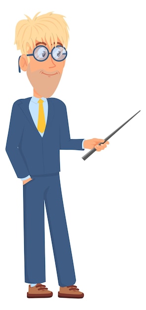 Businessman with wooden pointer stick Happy man present