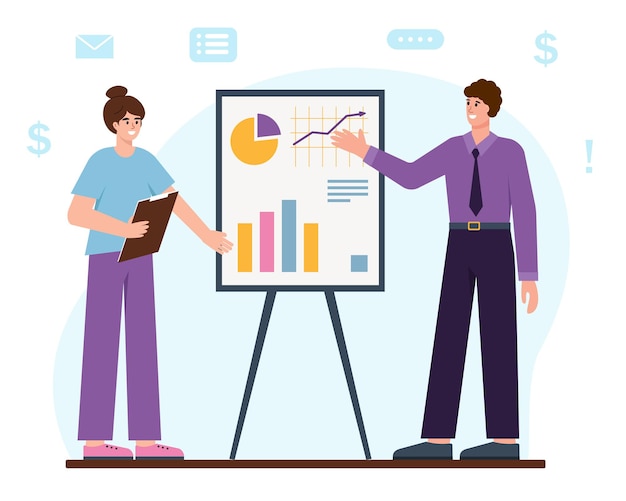 Businessman and woman next to flipchart  Business analysis and planning seminar startup concept