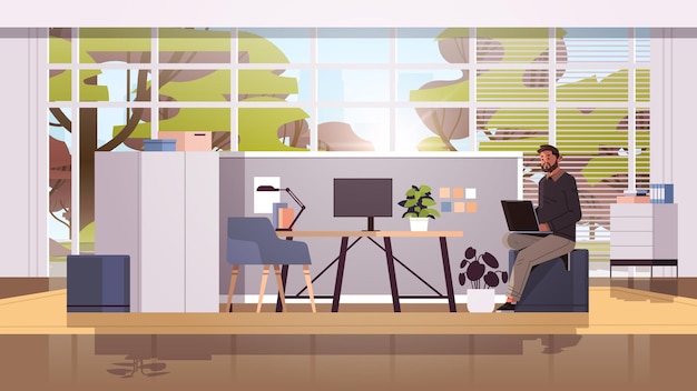 businessman working on laptop business man freelancer using notebook at workplace modern office interior horizontal full length vector illustration