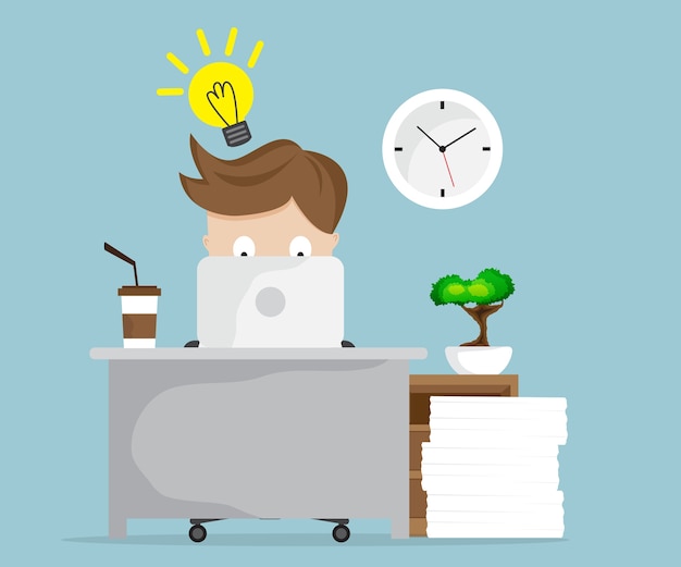 businessman working with idea and laptop at workdesk cartoon illustration