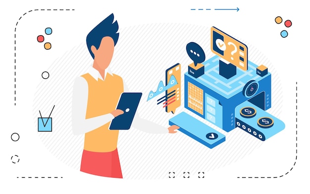 Businessman working with isometric dashboard of finance analysis system database