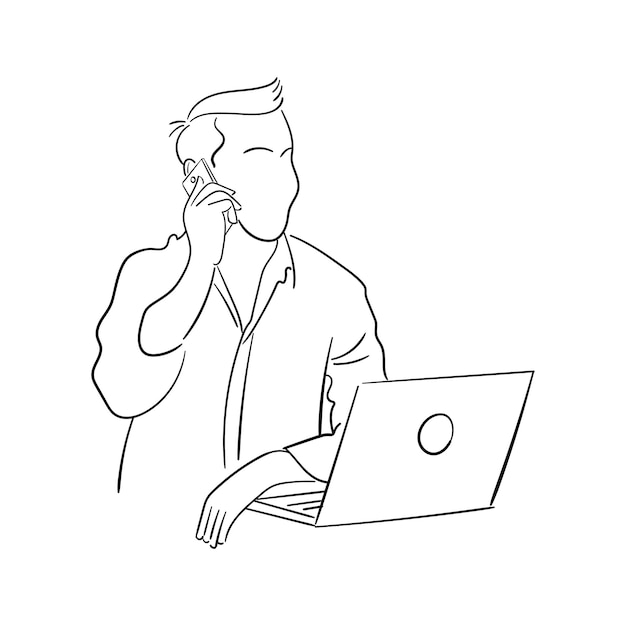 Businessman working with laptop and hold mobile phone hand drawn illustration