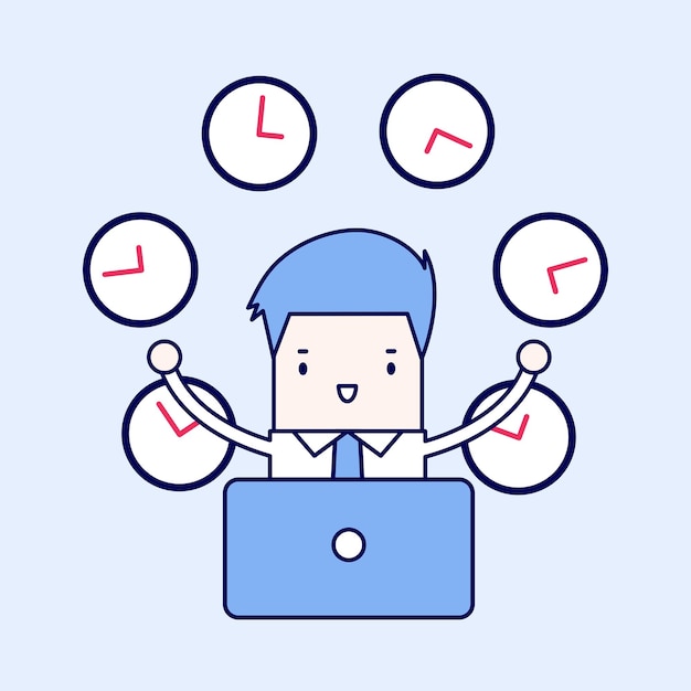 Businessman working with many clocks Cartoon character thin line style vector